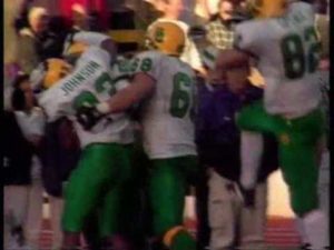 Patrick Johnson celebrates with Ducks teammates after hauling in the game-winning TD grab at Husky stadium to secure a 31-28 upset over the #6 ranked Huskies.